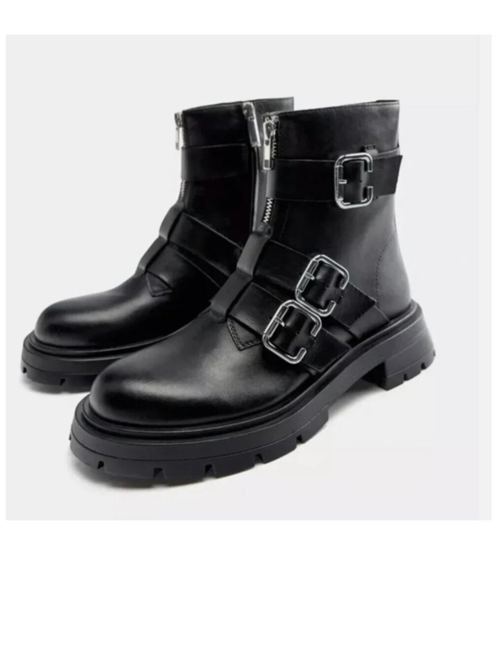 New Zara leather black Moto combat boots buckles and zippers EU 36 US 6